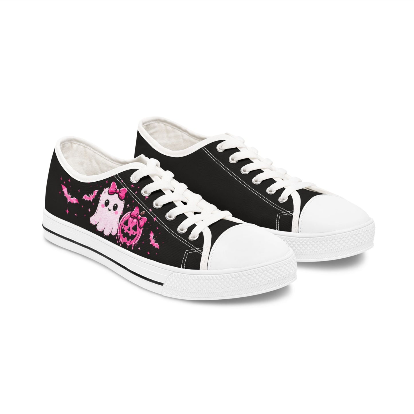 Cute Pink Ghost & Bat Low Top Sneakers — Women's Halloween Casual Shoes