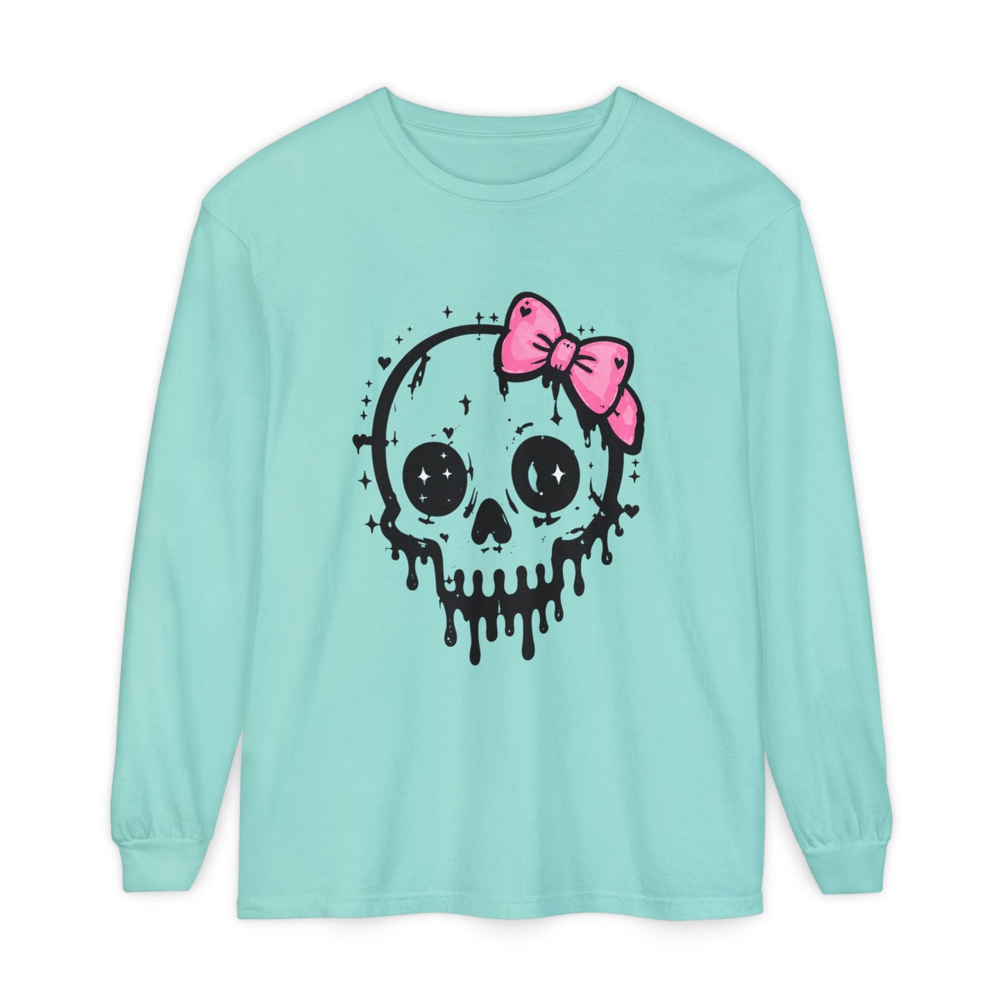 Cute Dripping Skull Long Sleeve Tee — Pink Bow Gothic Graphic Shirt