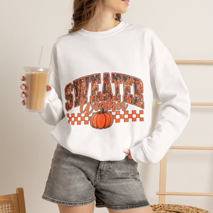 Sweater Weather Crewneck Sweatshirt — Pumpkin Plaid Fall Pullover