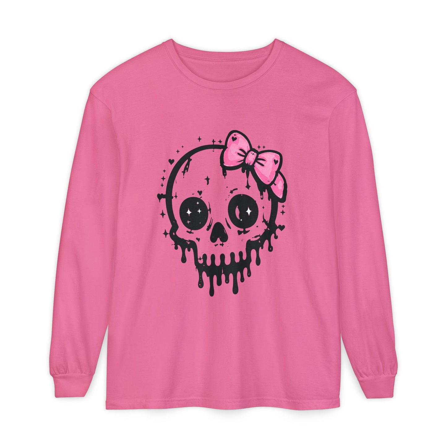 Cute Dripping Skull Long Sleeve Tee — Pink Bow Gothic Graphic Shirt