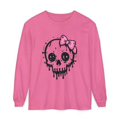 Cute Dripping Skull Long Sleeve Tee — Pink Bow Gothic Graphic Shirt