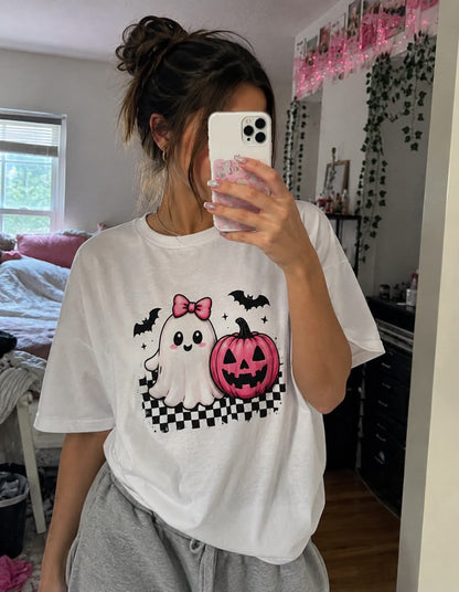 Cute Pink Ghost & Jack-o’-Lantern Halloween Tee