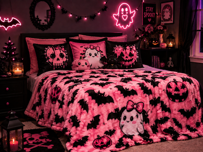 Cute Pink Halloween Duvet Cover — Kawaii Ghost, Bats & Jack-O'-Lantern Microfiber