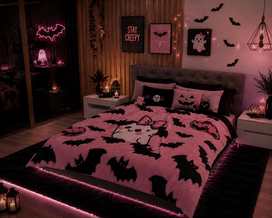 Cute Pink Halloween Duvet Cover — Kawaii Ghost, Bats & Jack-O'-Lantern Microfiber