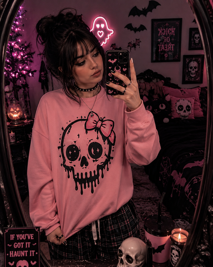 Cute Dripping Skull Long Sleeve Tee — Pink Bow Gothic Graphic Shirt