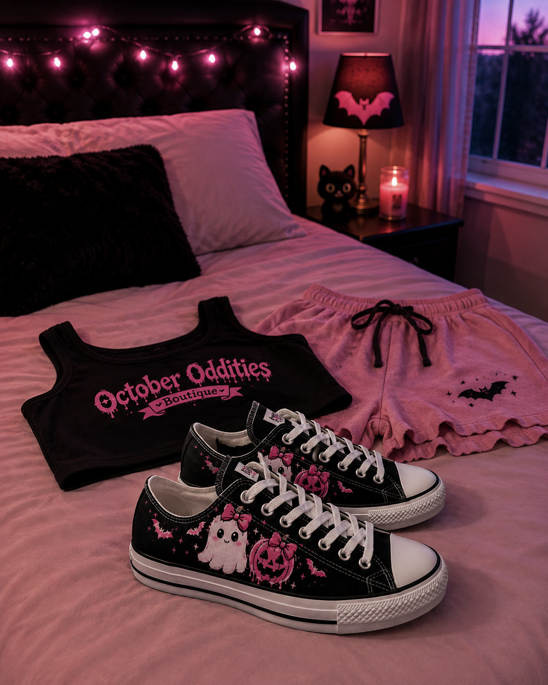 Cute Pink Ghost & Bat Low Top Sneakers — Women's Halloween Casual Shoes