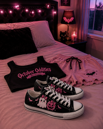 Cute Pink Ghost & Bat Low Top Sneakers — Women's Halloween Casual Shoes