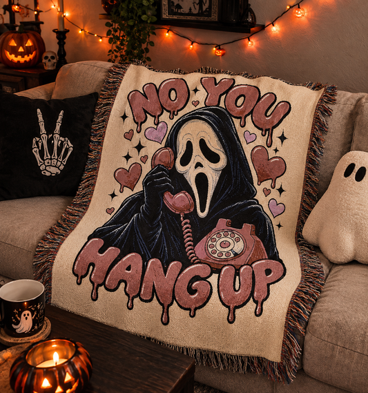 Scream Mask Woven Throw Blanket — "No More" Retro Horror Graphic