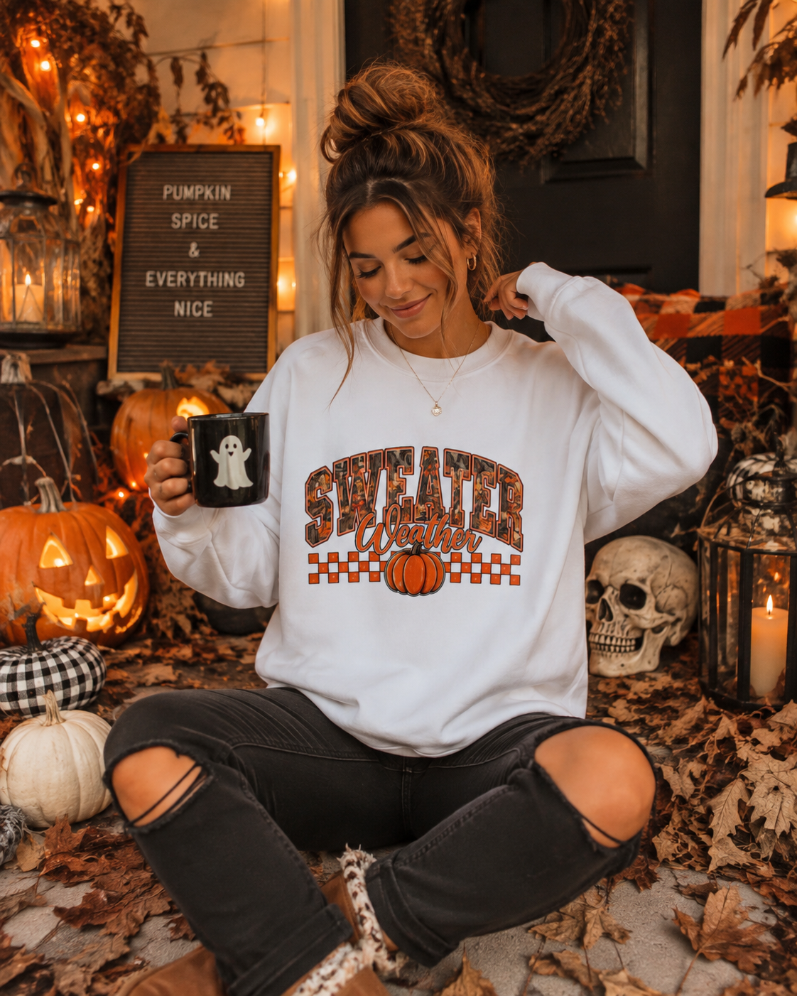 Sweater Weather Crewneck Sweatshirt — Pumpkin Plaid Fall Pullover