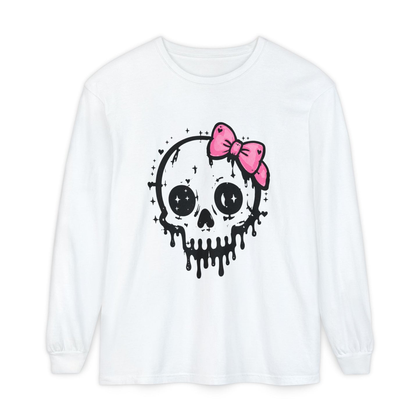 Cute Dripping Skull Long Sleeve Tee — Pink Bow Gothic Graphic Shirt
