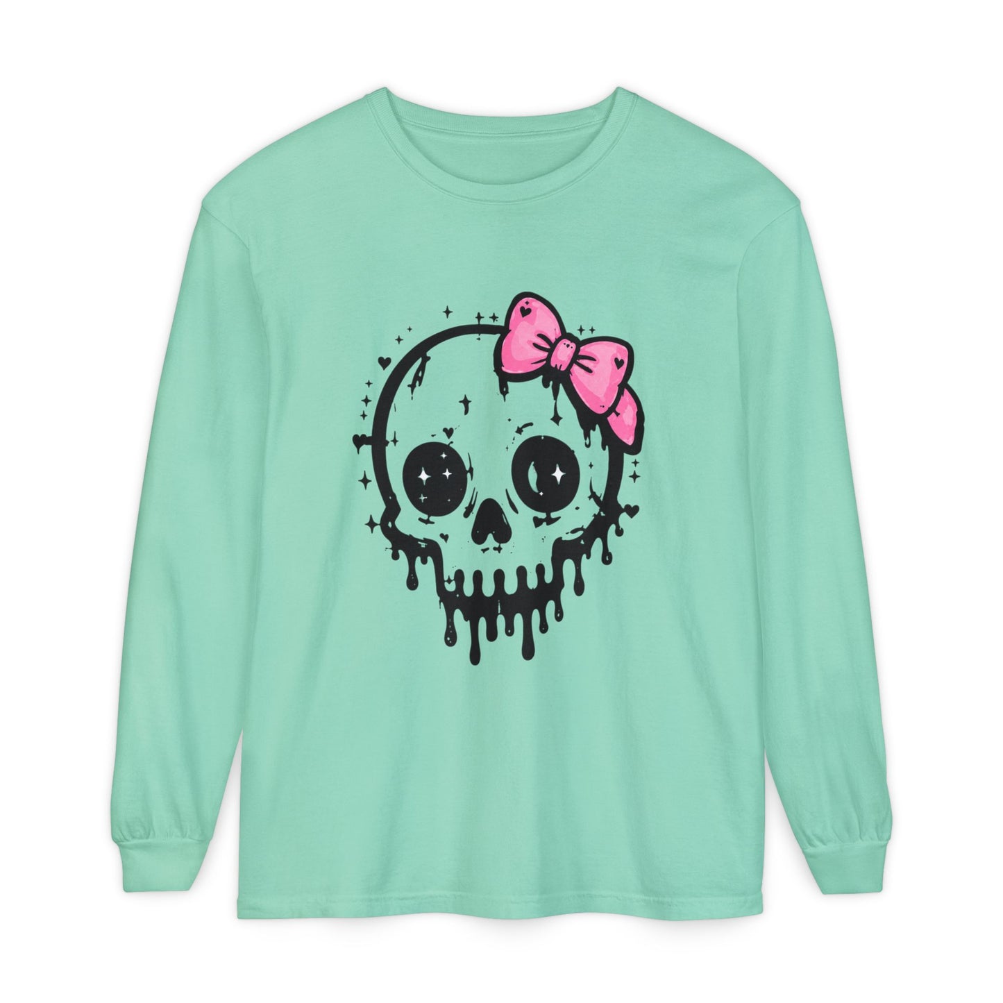 Cute Dripping Skull Long Sleeve Tee — Pink Bow Gothic Graphic Shirt