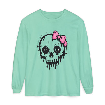 Cute Dripping Skull Long Sleeve Tee — Pink Bow Gothic Graphic Shirt