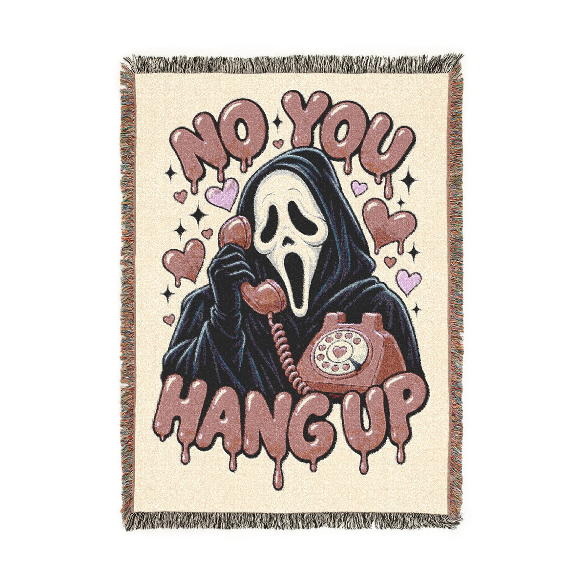 Scream Mask Woven Throw Blanket — "No More" Retro Horror Graphic