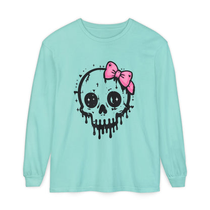 Cute Dripping Skull Long Sleeve Tee — Pink Bow Gothic Graphic Shirt