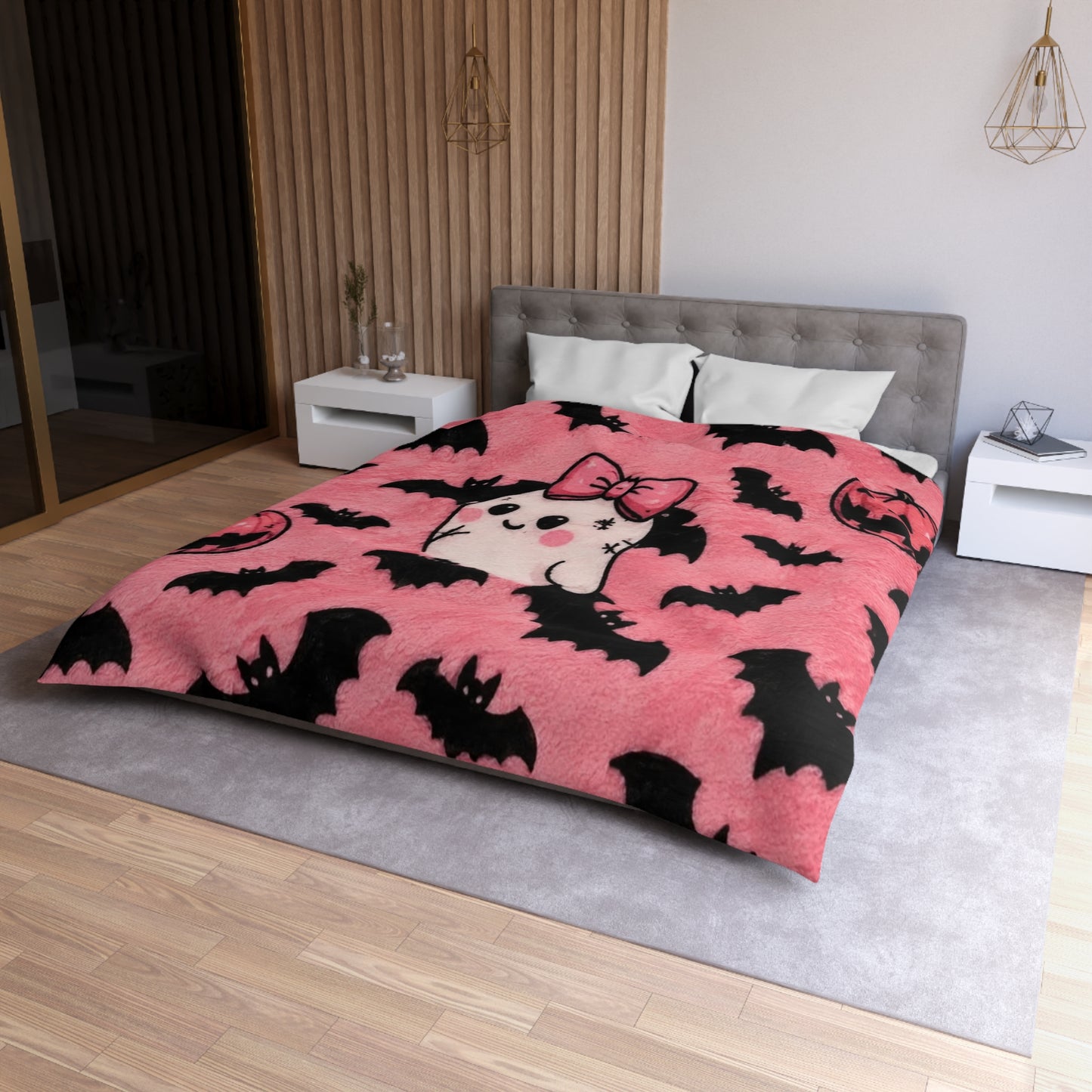 Cute Pink Halloween Duvet Cover — Kawaii Ghost, Bats & Jack-O'-Lantern Microfiber