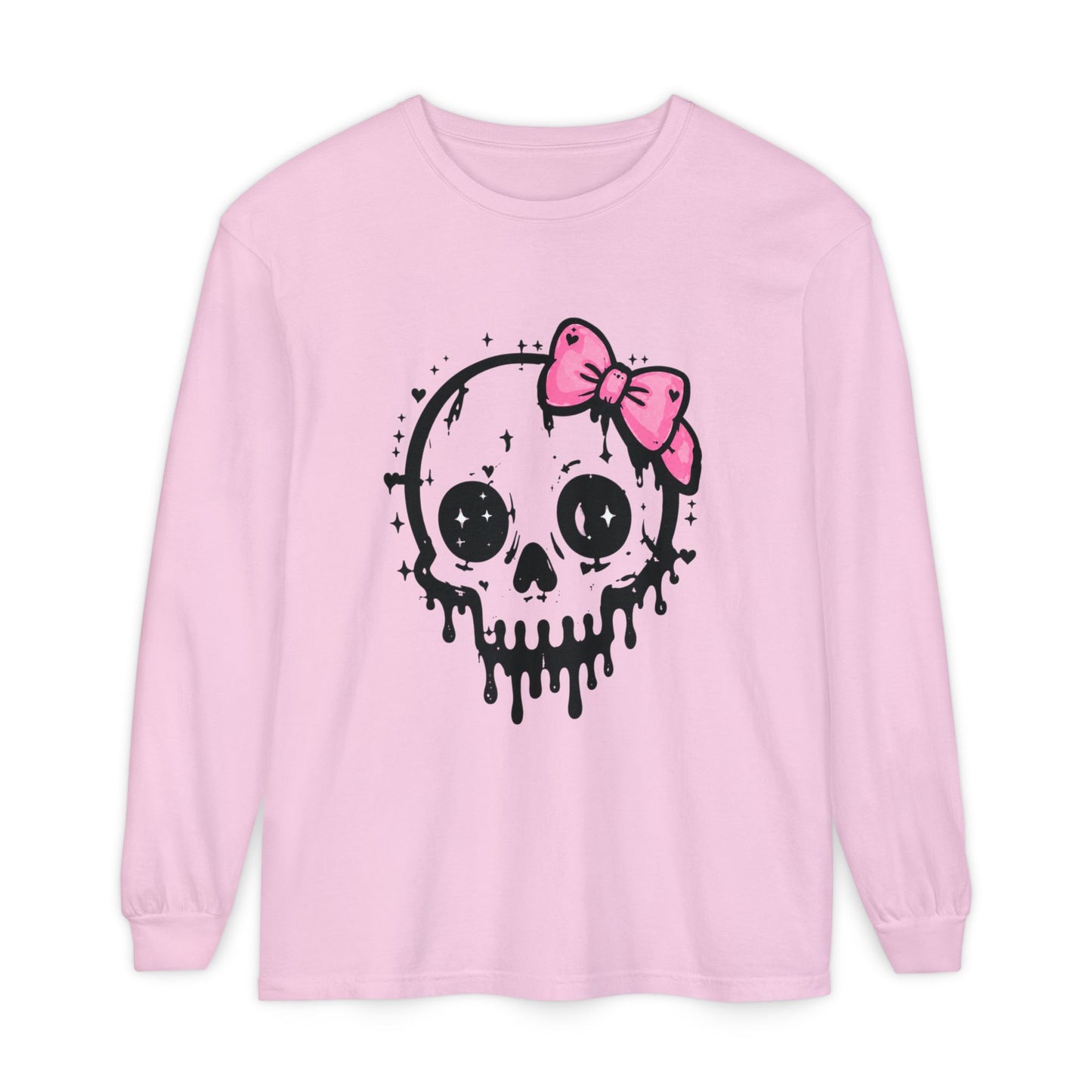 Cute Dripping Skull Long Sleeve Tee — Pink Bow Gothic Graphic Shirt