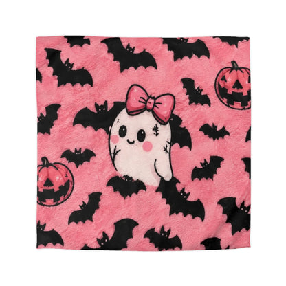 Cute Pink Halloween Duvet Cover — Kawaii Ghost, Bats & Jack-O'-Lantern Microfiber