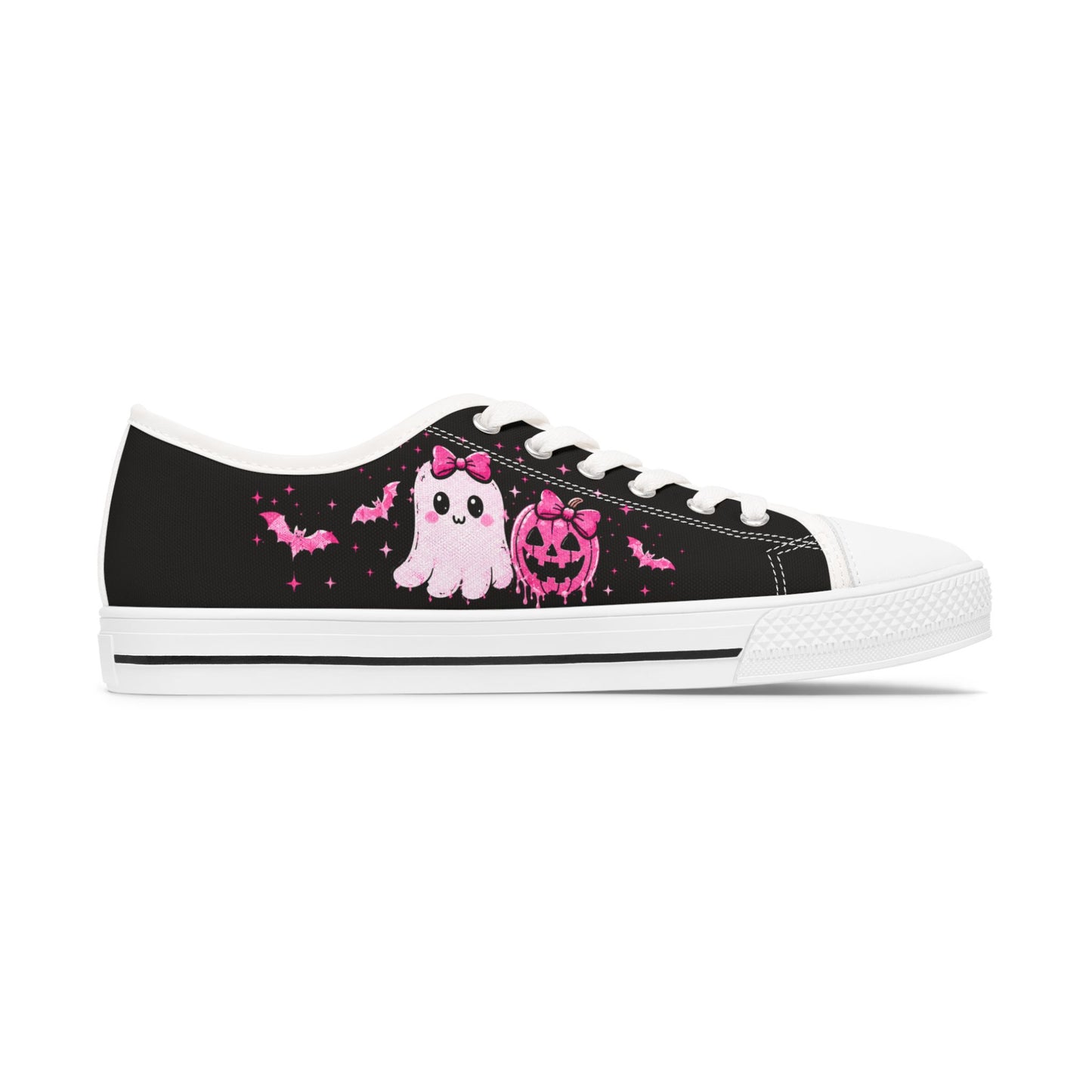 Cute Pink Ghost & Bat Low Top Sneakers — Women's Halloween Casual Shoes